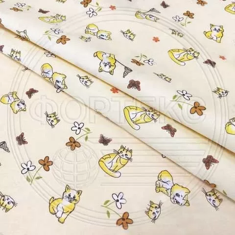 Поликоттон набивной 01-729 beige А бежевый, детский рисунок котики