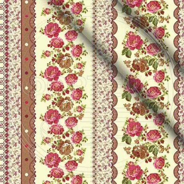 Ткань полиэстер набивной 55 гр. ZBD-1275 оттенки оранжевого, принт цветочный/полоса