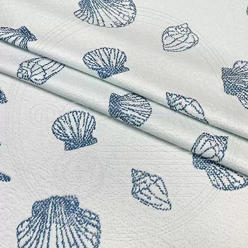 Трикотажное полотно FRTX 25 035 Ракушка белого цвета с синим рисунком