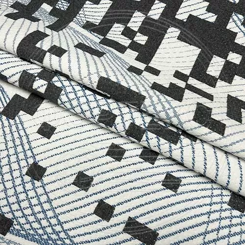 Трикотажное полотно FRTX 25 DIGITAL 25.1 белое с синим и черным абстрактным рисунком