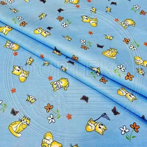 Поликоттон набивной оптом 01-729 blue А синий, деткий рисунок котики