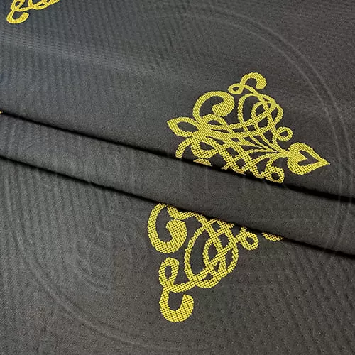 Трикотажное полотно FRTX 25 003 Адыгея темно-серое с желтым орнаментом