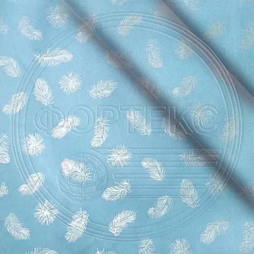 Ткань Тик полиэстер 571 Feather blue silver голубой, рисунок перья с напылением