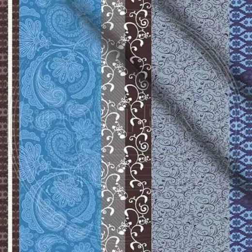 Ткань полиэстер набивной 55 гр. ZBD-1827 оттенки синего, принт завиток/полоса