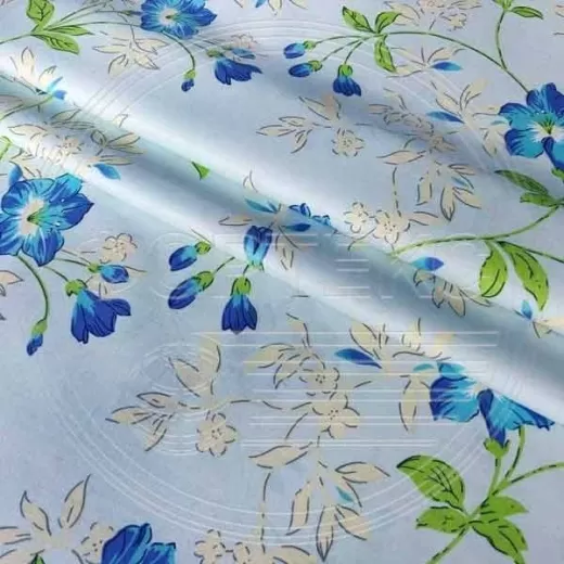 Тик смесовый набивной A1-6755 blue голубой, цветочный рисунок