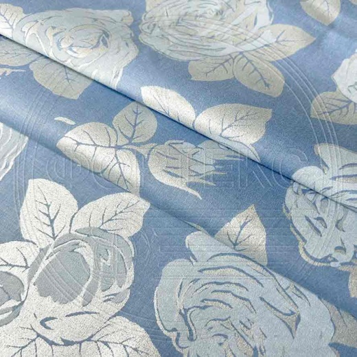 Ткань Тик полиэстер 114 Rose blue silver голубой, рисунок розы с напылением