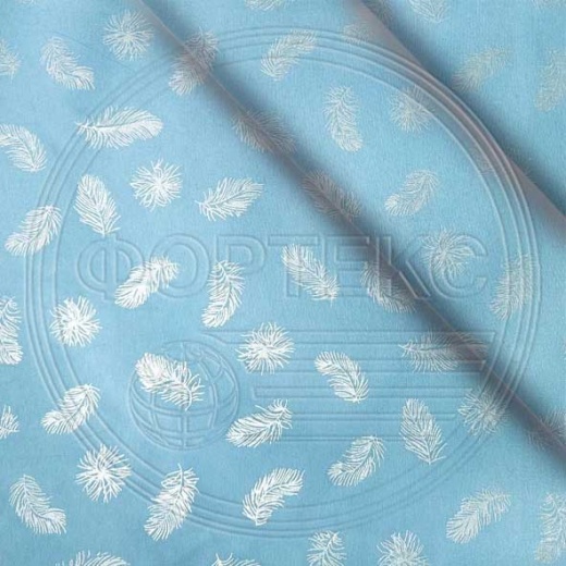 Ткань Тик полиэстер 571 Feather blue silver голубой, рисунок перья с напылением