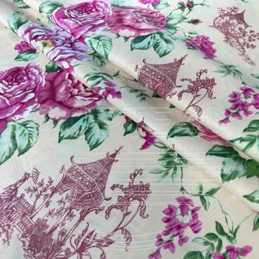 Тик смесовый набивной A1-7493 beige бежевый, цветочный дизайн