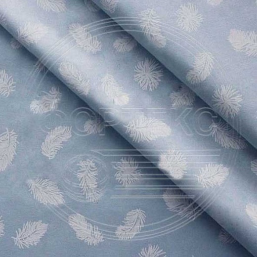 Ткань Тик хлопок с напылением набивной 571 blue голубой, дизайн перья