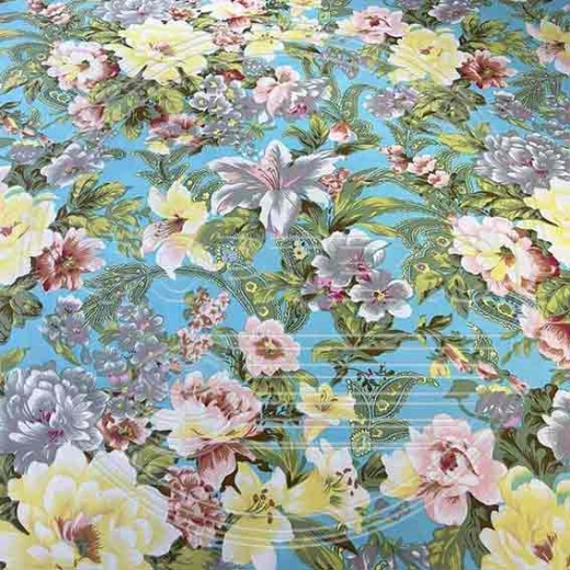 Тик смесовый набивной A1-582 blue голубой, рисунок цветы