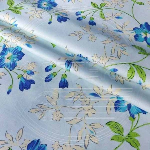 Тик смесовый набивной A1-6755 blue голубой, цветочный рисунок