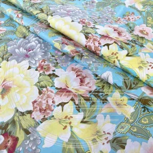 Тик смесовый набивной A1-582 blue голубой, цветочный дизайн
